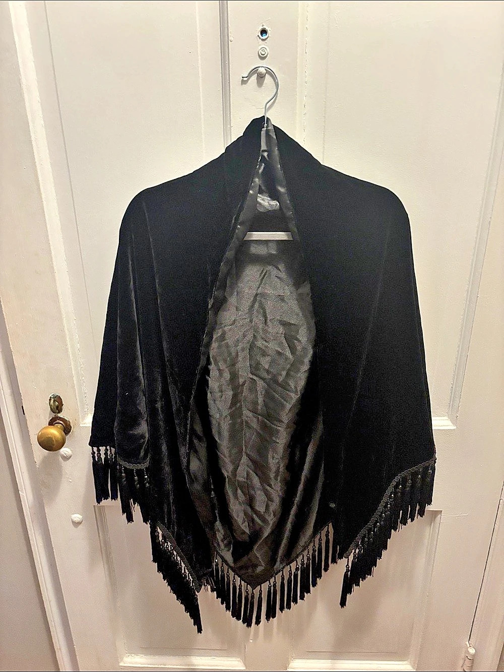 Black Velvet Fully Lined Evening Stole with Fringe and Black Jet beads